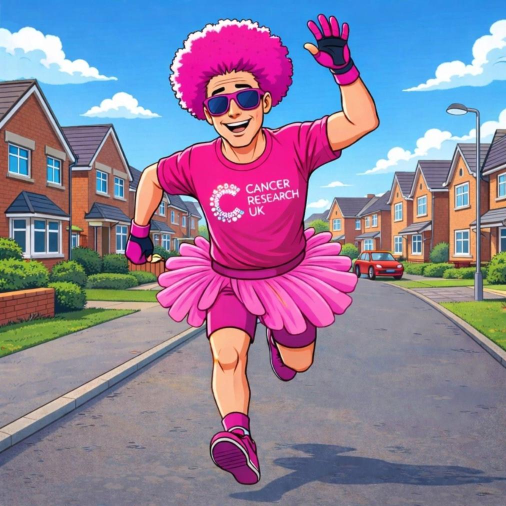Cartoon of David running and waving in a full pink tutu and Cancer Research UK shirt